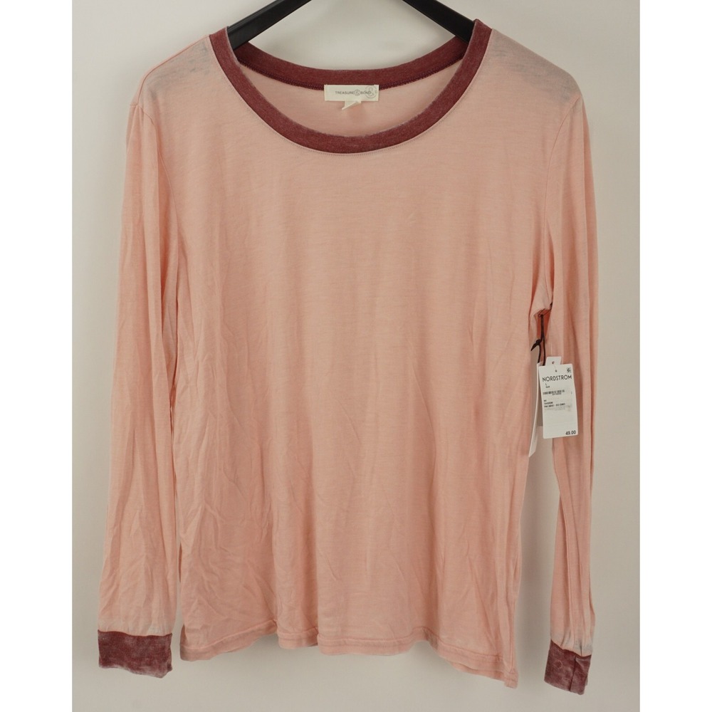 New Treasure & Bond Ringer T-Shirt Women's Size L Long Sleeve Pink Heather Rayon